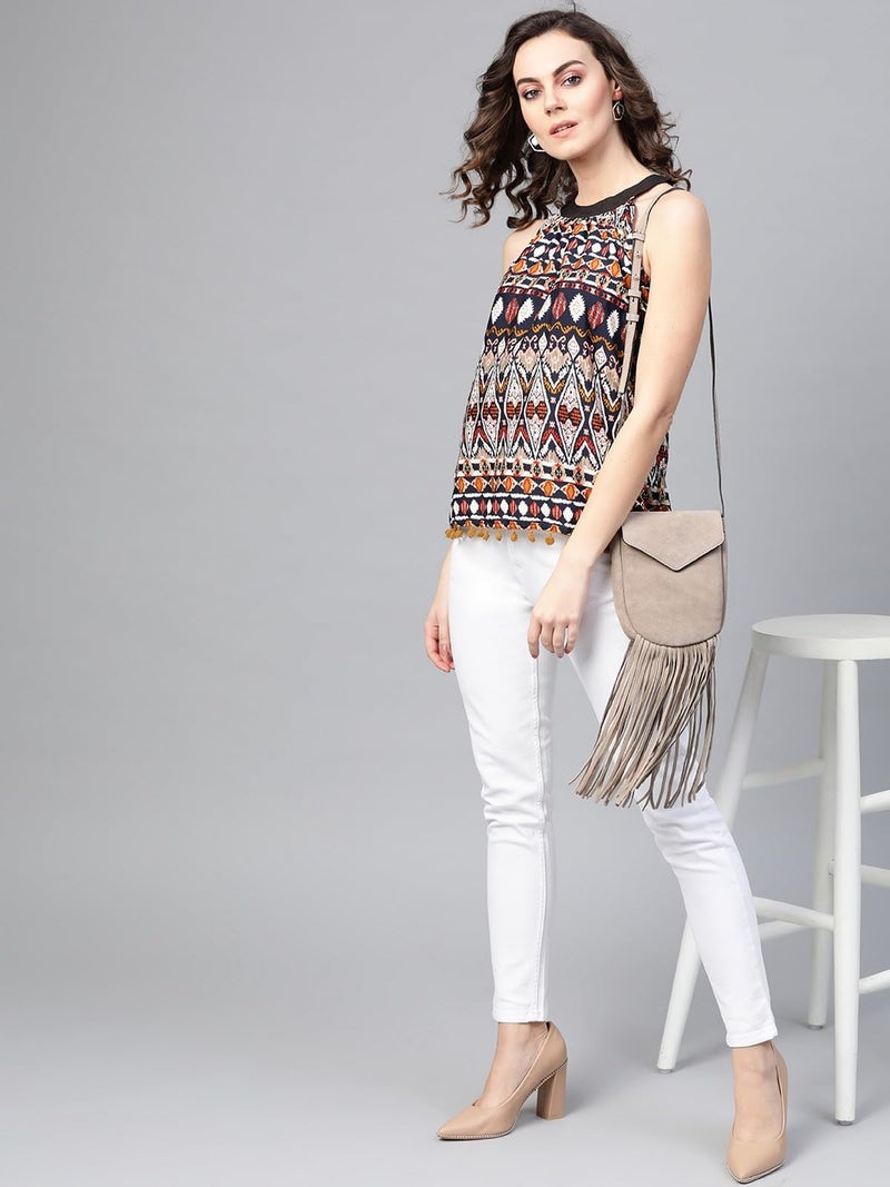 Pannkh Women's Multicolor Sleeveless Ikat Printed Tassel Top | Lightweight Cotton Summer Blouse with Ethnic Print | Casual - Image 3