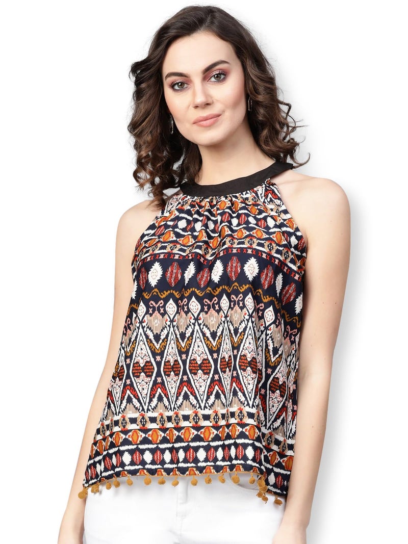 Pannkh Women's Multicolor Sleeveless Ikat Printed Tassel Top | Lightweight Cotton Summer Blouse with Ethnic Print | Casual - Image 1