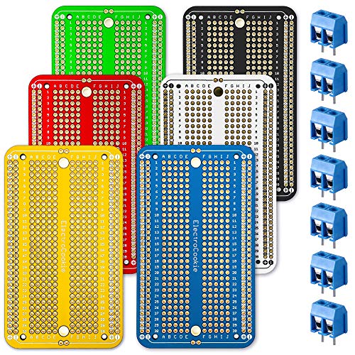 ElectroCookie Prototype Board Breadboard Style PCB Solder Board for DIY Electronic Projects, Compatible for Arduino Projects, Gold-Plated (6 Color Pack + 7 Screw Terminal Block Connectors) - Image 1