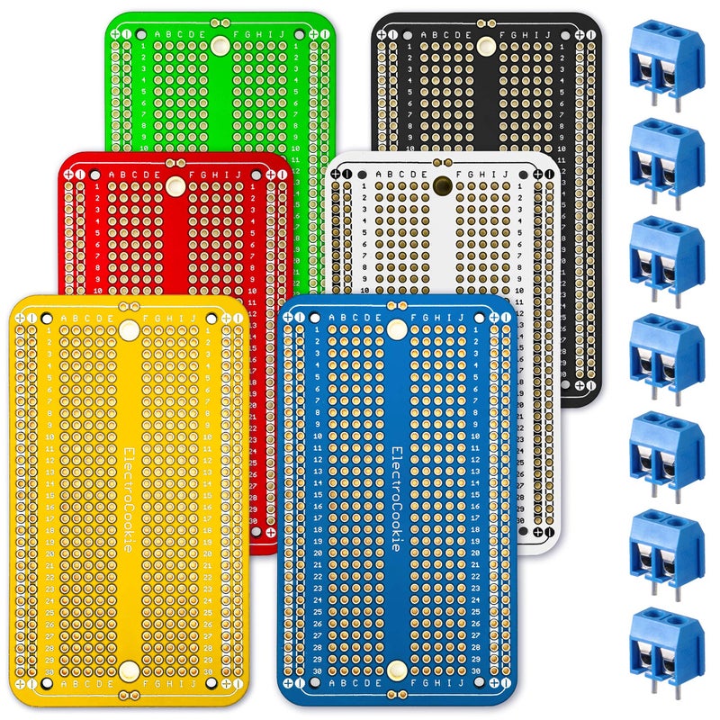 ElectroCookie Prototype Board Breadboard Style PCB Solder Board for DIY Electronic Projects, Compatible for Arduino Projects, Gold-Plated (6 Color Pack + 7 Screw Terminal Block Connectors) - Image 5