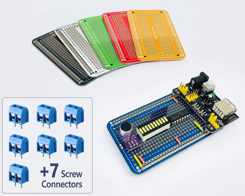ElectroCookie Prototype Board Breadboard Style PCB Solder Board for DIY Electronic Projects, Compatible for Arduino Projects, Gold-Plated (6 Color Pack + 7 Screw Terminal Block Connectors) - Image 4