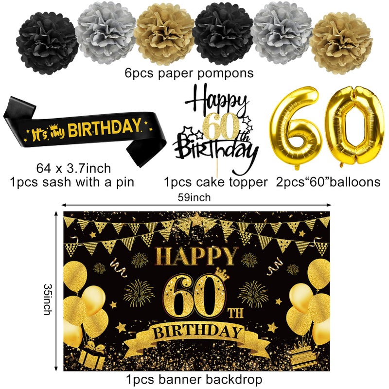 Eucutur 42PCS 60th Birthday Decoration Kit for Men Women, Black Gold Happy 60th Bday Banner Balloons Honeycomb Centerpiece Swirl Paper Pompoms Party Supplies, 60 Bday Sash Table Cake Topper Swirls Set - Image 3