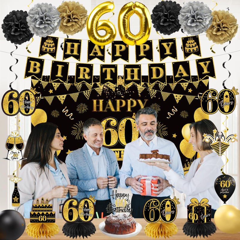 Eucutur 42PCS 60th Birthday Decoration Kit for Men Women, Black Gold Happy 60th Bday Banner Balloons Honeycomb Centerpiece Swirl Paper Pompoms Party Supplies, 60 Bday Sash Table Cake Topper Swirls Set - Image 5