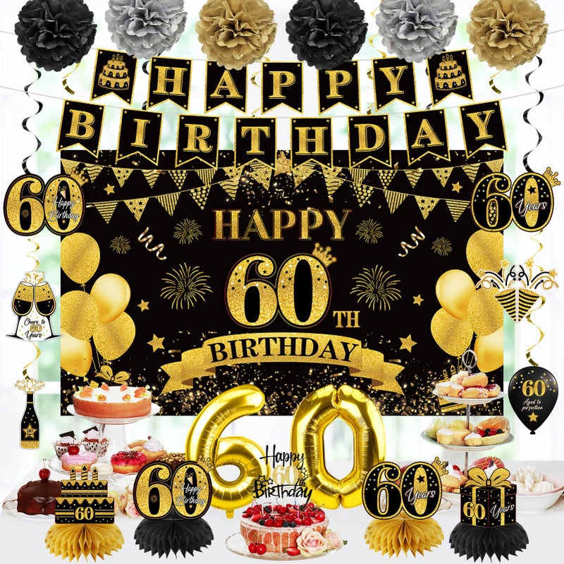 Eucutur 42PCS 60th Birthday Decoration Kit for Men Women, Black Gold Happy 60th Bday Banner Balloons Honeycomb Centerpiece Swirl Paper Pompoms Party Supplies, 60 Bday Sash Table Cake Topper Swirls Set - Image 4