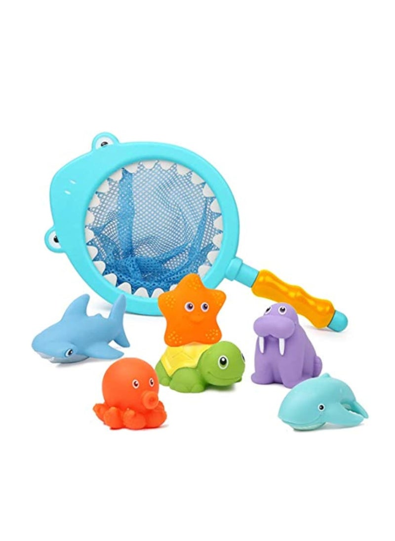 YelaJoy 7Pcs Baby Bath Toys, Scoop Net Fish Pool Toys with Spray, Sounds, Color Changing Toddler Bathtub Toys  - Image 1