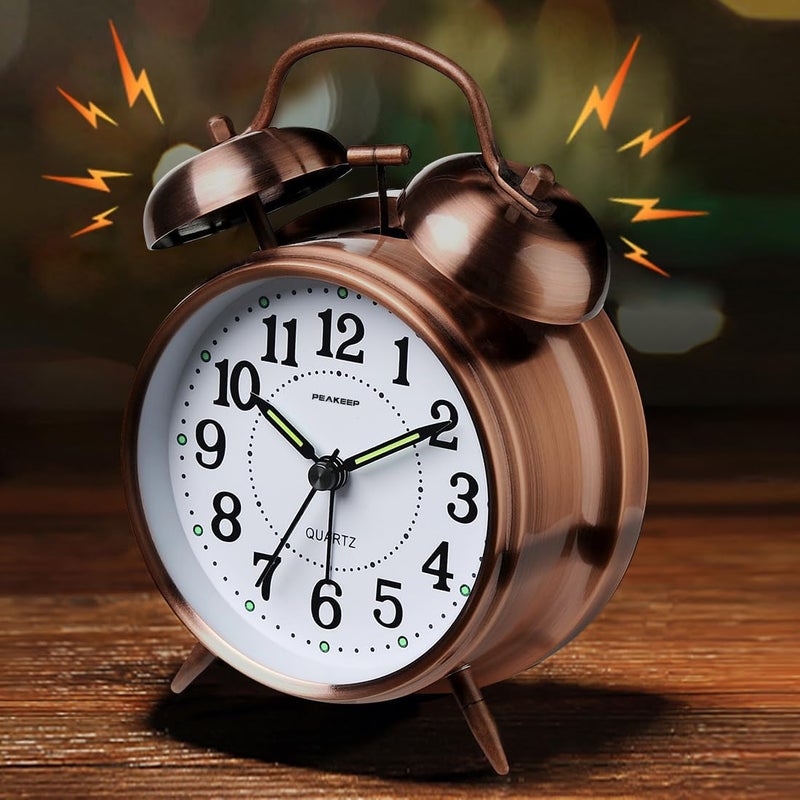 Peakeep Loud Analog Alarm Clock for Heavy Sleepers, Vintage 4-Inch Twin Bell Old School Fashioned Wind Up Alarm Clock with Battery Operated for Bedrooms - Image 2