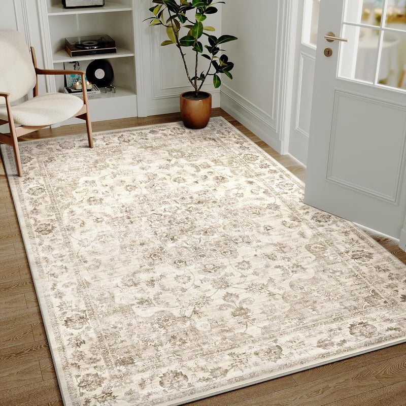 WondRg 5x7 سجادة منطقة محايدة قابلة للغسل باللون البيج العتيق لغرفة المعيشة وغرفة النوم، غير قابلة للانزلاق، ناعمة، وبرية منخفضة، بنقوش زهرية داخلية، مناسبة لغرفة الطعام والمدخل والمكتب - Image 2