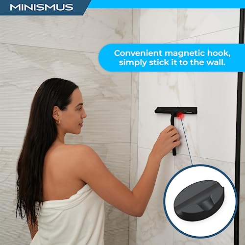 Minismus Shower Squeegee with Magnetic Hook - Silicone Window Wiper with Adhesive Wall Mounted Hanger - Shower Squeegee for Glass Doors - Rubber Squeegee - Shower Glass Cleaner (8.25 inches, Black) - Image 3