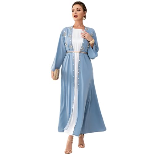 IDOPIP Muslim Abayas for Women Long Sleeve Open Front Cardigan with Belt Rhinestone Applique Maxi Kaftan Dress Islamic Dubai Robe Middle East Loose Full Cover Cardigan Prayer Dress Clothes Blue S - Image 1