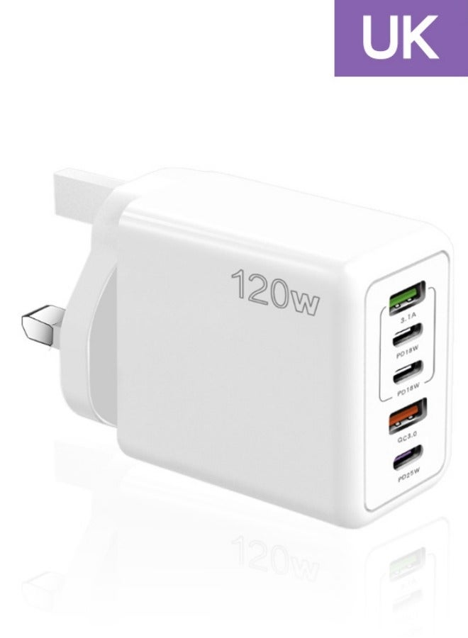 120W UK 5 Ports Multifunctional Super Fast Charging Adapter Mobile Phone Charger Travel Power Adapter White  - Image 1