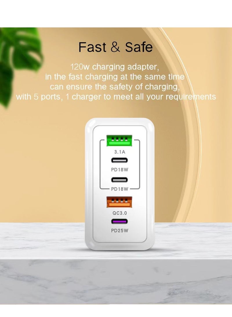 120W UK 5 Ports Multifunctional Super Fast Charging Adapter Mobile Phone Charger Travel Power Adapter White  - Image 4