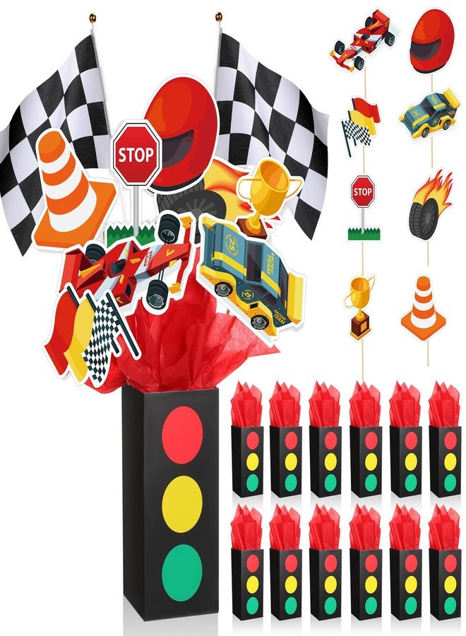 Saypacck 12 Sets Race Car Birthday Party Decorations Race Car Centerpieces for Tables with Traffic Boxes Themed Baby Shower Decoration Cutouts Checkered Flags for Birthday Theme Party Supplies - Image 1