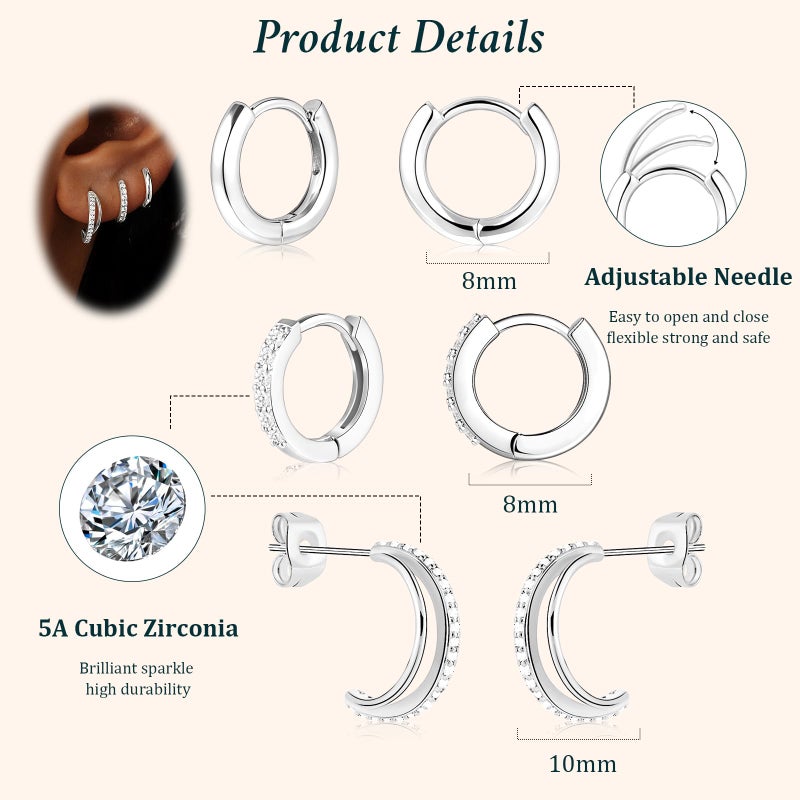 Poxtex Small Sterling Silver Huggie Hoop Earrings Set for Women, Hypoallergenic Trendy Double Hoops for Multiple Piercings, Dainty Cute Mini Lightweight Cartilage Jewelry Gift for Sensitive Ears - Image 5