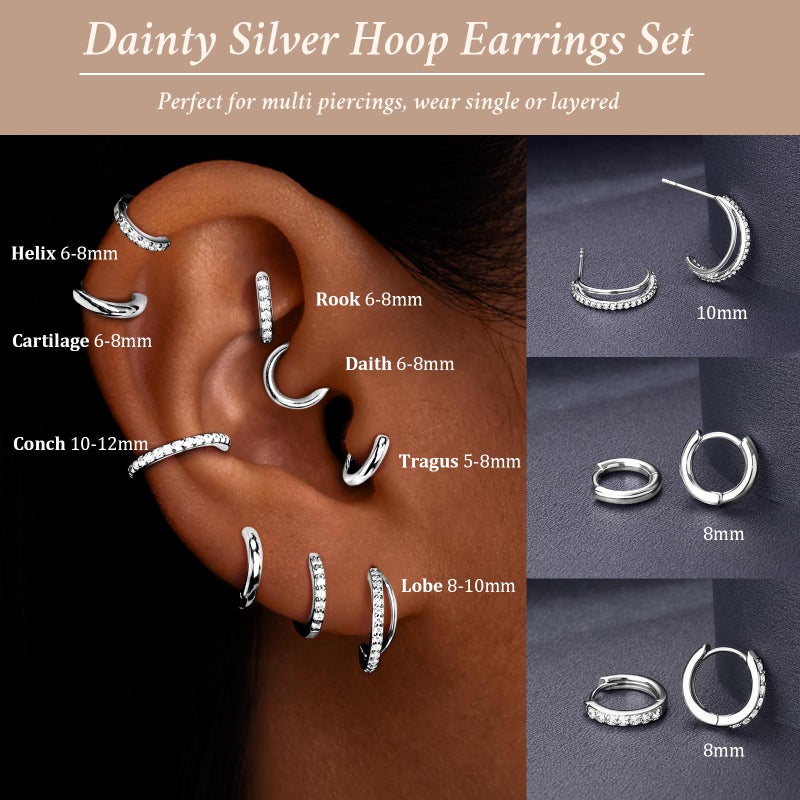 Poxtex Small Sterling Silver Huggie Hoop Earrings Set for Women, Hypoallergenic Trendy Double Hoops for Multiple Piercings, Dainty Cute Mini Lightweight Cartilage Jewelry Gift for Sensitive Ears - Image 4