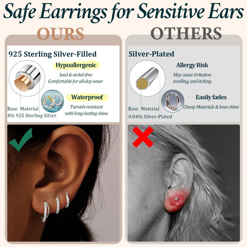 Poxtex Small Sterling Silver Huggie Hoop Earrings Set for Women, Hypoallergenic Trendy Double Hoops for Multiple Piercings, Dainty Cute Mini Lightweight Cartilage Jewelry Gift for Sensitive Ears - Image 3