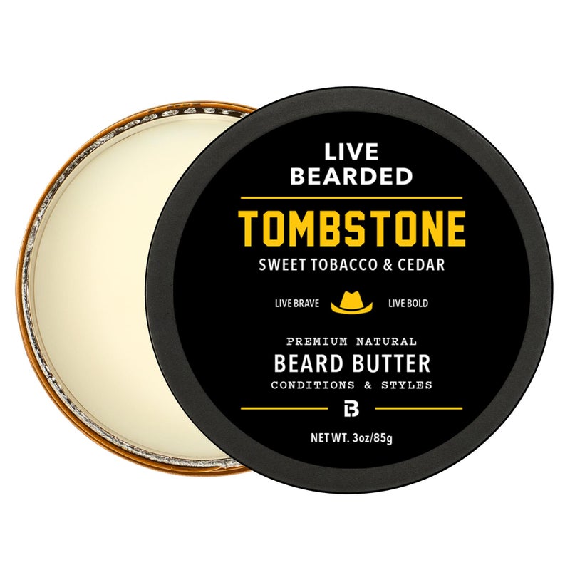 Live Bearded Beard Butter, 3 fl oz - Made in the USA - All-Natural Leave-in Conditioner and Softener with Shea | Tombstone Scent - Sweet Tobacco, Cedar - Image 1