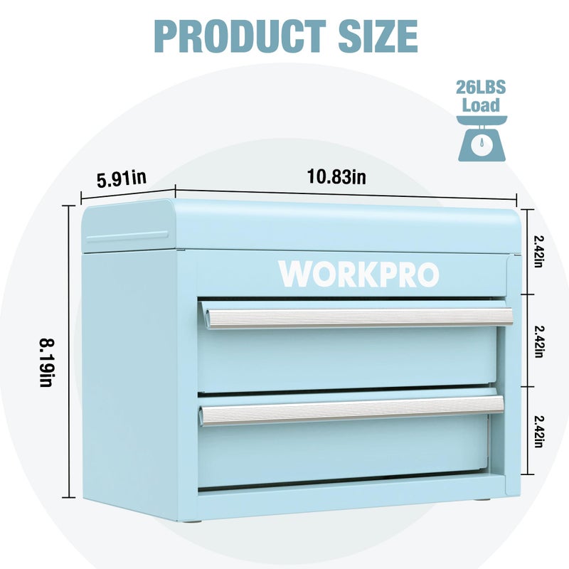 WORKPRO Mini Metal Tool Box with 2 Drawers and Top Storage, Small Tool Chest with PVC Liners and PP Feet Pads, Cold Rolled Steel Toolbox with Magnetic Tab - Image 3