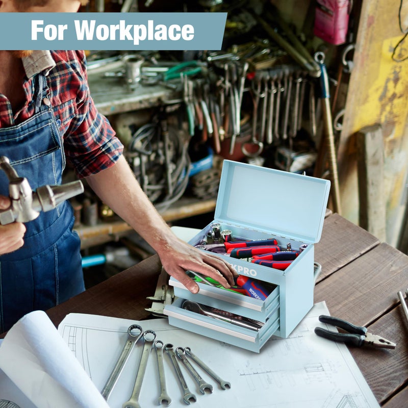 WORKPRO Mini Metal Tool Box with 2 Drawers and Top Storage, Small Tool Chest with PVC Liners and PP Feet Pads, Cold Rolled Steel Toolbox with Magnetic Tab - Image 5