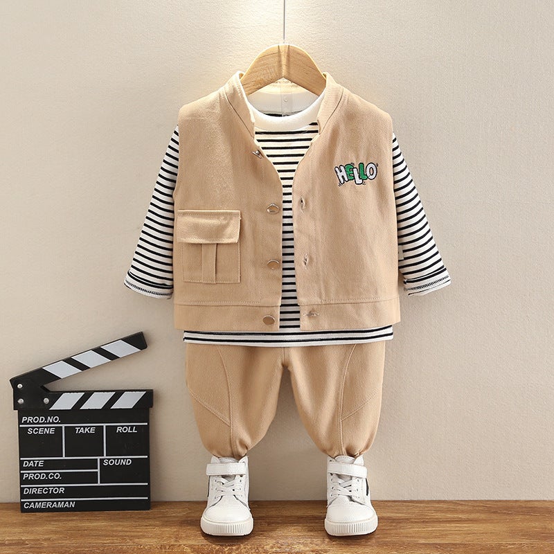 Spring and Autumn Korean style boys baby clothes infant workwear vest three-piece suit fashionable new fashion childrens clothing direct sales Beige - Image 1