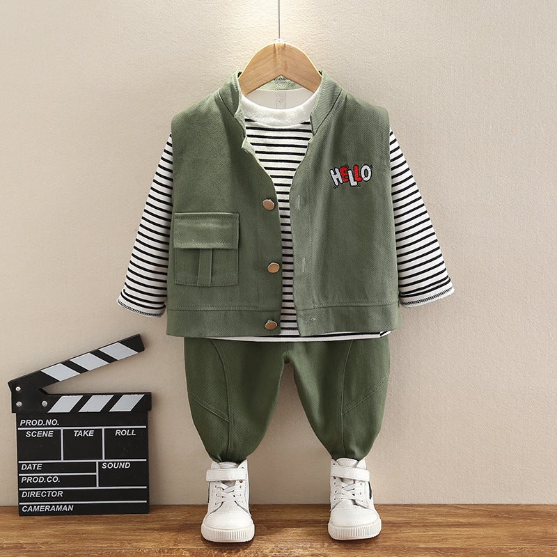 Spring and Autumn Korean style boys baby clothes infant workwear vest three-piece suit fashionable new fashion childrens clothing direct sales Beige - Image 3