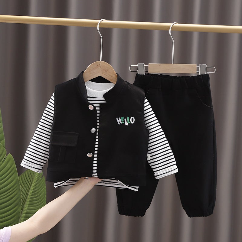 Spring and Autumn Korean style boys baby clothes infant workwear vest three-piece suit fashionable new fashion childrens clothing direct sales Beige - Image 5