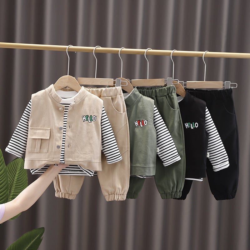 Spring and Autumn Korean style boys baby clothes infant workwear vest three-piece suit fashionable new fashion childrens clothing direct sales Beige - Image 4