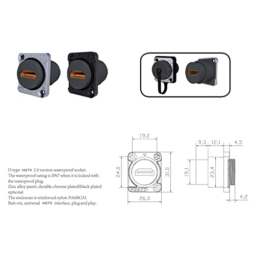 ANMBEST 2PCS HDMI IP67 Panel Mount Waterproof Connector, PA6BG33 Housing Female to Female HDMI Bulkhead Coupler with Weatherproof Dust Cap - Image 4