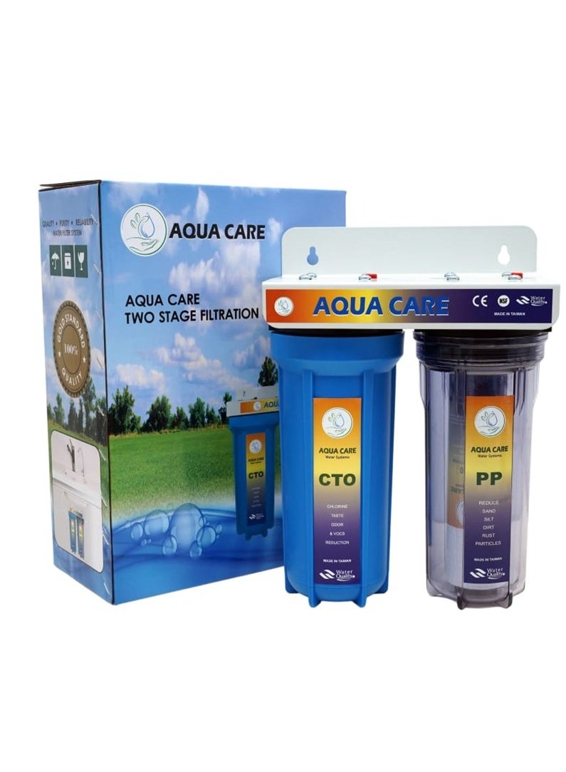 **Aqua Care نظام تنقية المياه ثنائي المراحل – يُثبت على سطح الطاولة أو على الحائط | مزود بفلتر الكربون وفلتر PP لإزالة الشوائب | مناسب للمطبخ والحمام ومياه الحيوانات الأليفة والنباتات وغسيل السيارات | هيكل شفاف متين | متوافق مع وصلات NPT مقاس 1/2 بوصة و3/4 بوصة**