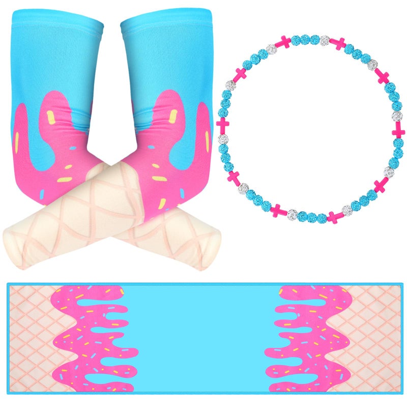 SmoothNovelty 3 Pcs Ice Cream Drip Baseball Accessories, Arm Sleeves, Cooling Towel, Beaded Necklace Gift for Baseball Lovers(Cross,Pink Blue White,S) - Image 1
