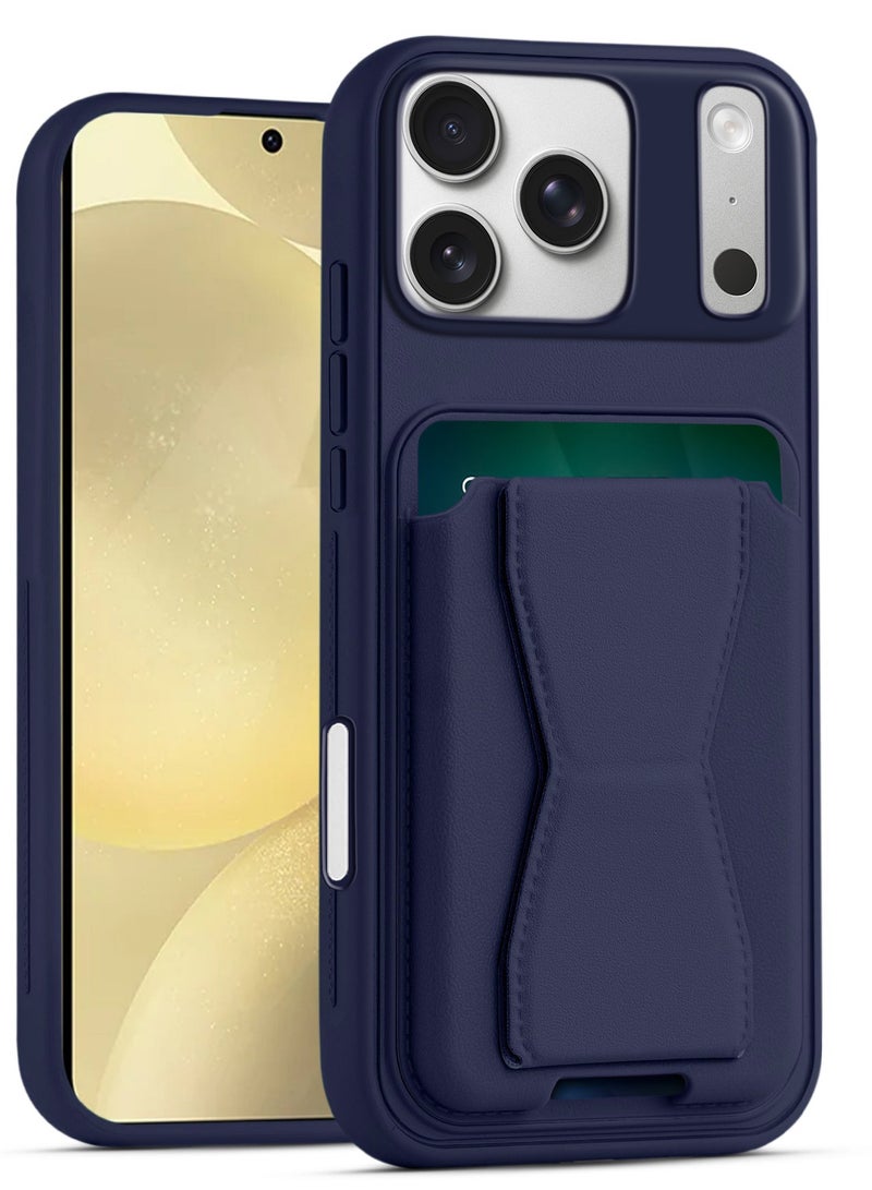 Leather back cover with card wallet Foldable Shockpoof Case compatible with Iphone 17 Pro (Blue)