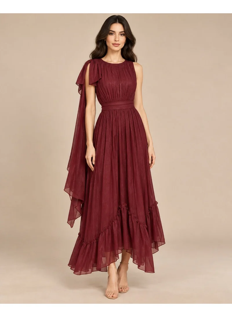 2Trendy Women's Burgundy Maxi Dress with Draped Shoulder Panel and Ruffle Hem