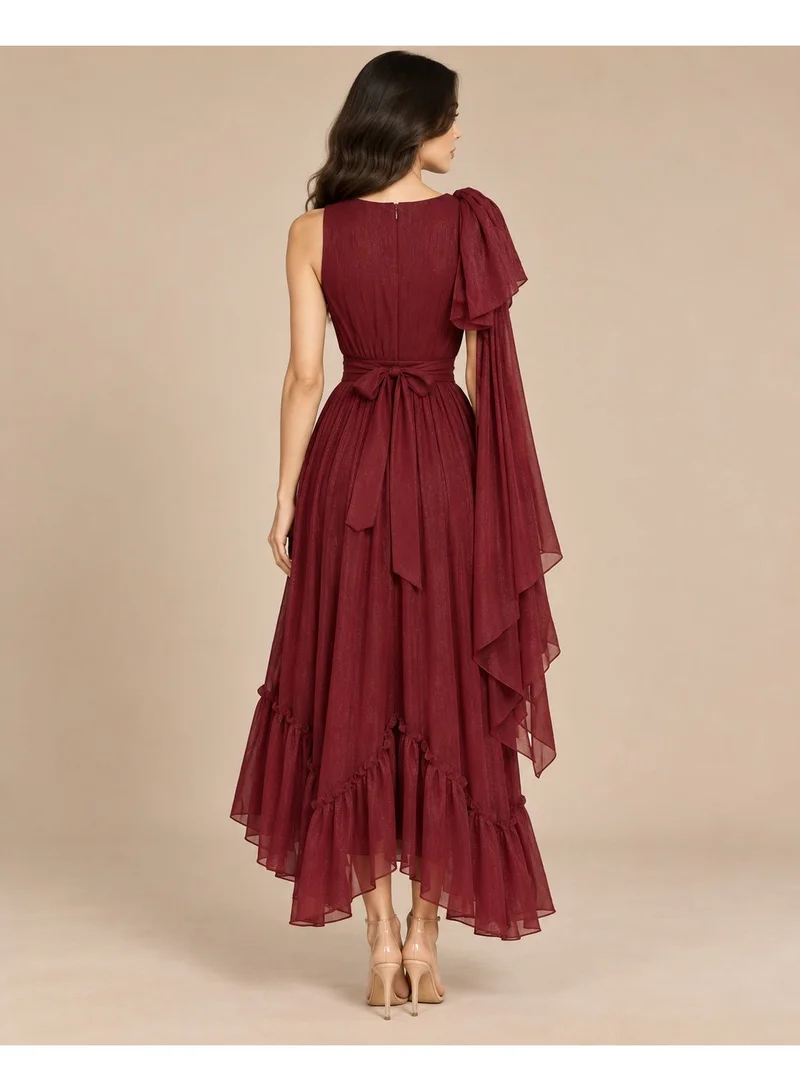2Trendy Women's Burgundy Maxi Dress with Draped Shoulder Panel and Ruffle Hem