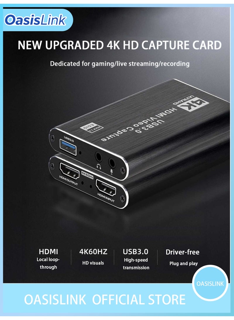 OasisLink 4K Video Capture Card, Audio Video Capture Card, HDMI to USB 3.0 Capture Adapter, Portable Video Converter, for Gaming and Video Recording, Streaming Live Broadcast (USB3.0) - Image 1