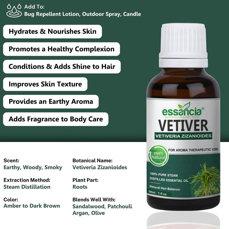 essancia - NATURALLY IN EVERY DROP Essancia Vetiver Essential Oil for Grounding Relaxation Skin Care 100 Pure Natural Undiluted Therapeutic Grade 30ml  - Image 3