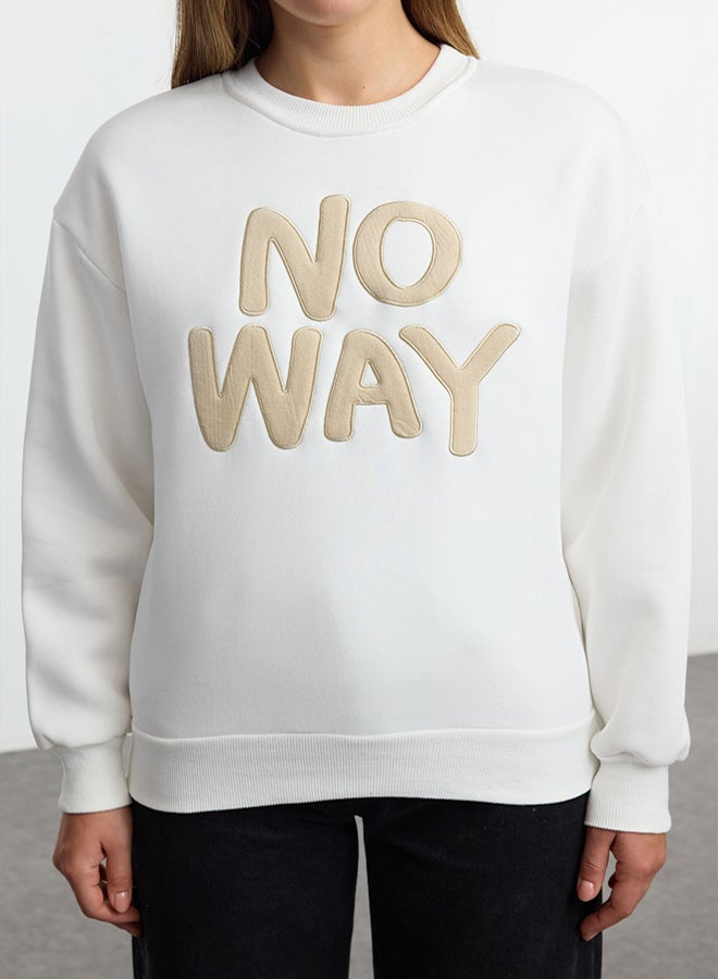 trendyol Ecru Slogan Embroidered Regular/Normal Fit Crew Neck Thick Knitted Sweatshirt TWOAW25SW00040 - Image 3