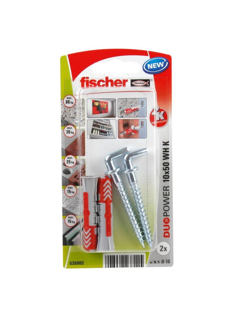 Fischer DuoPower Universal Plug W/ Angle Hook Pack 1 x 5cm 2Pcs