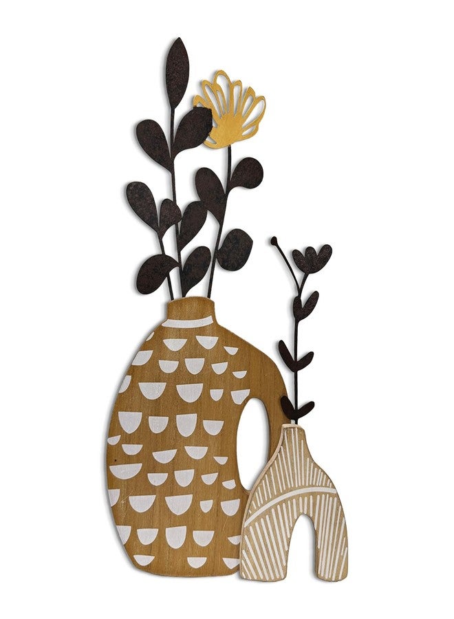 WOPARTY Rustic Metal and Wood Flowers Wall Art, Bohemian Vase with Flower Design, Black and Gold, 16.2x10 Inch, Farmhouse Wall Decor Home Bedroom Dining Room Housewarming - Image 1