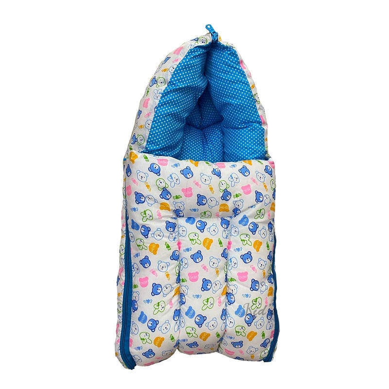 Infans Mini Teddy Mini 3 in 1 Babys Cotton Bed Cum Carry Bed Printed Baby Sleeping BagBaby BedInfant Portable for Unisex Easily PortableLight Weight Carry for New Born 04 Months OldBluishWhite - Image 1