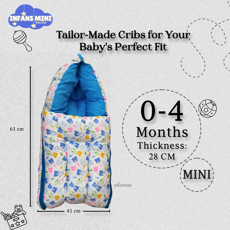 Infans Mini Teddy Mini 3 in 1 Babys Cotton Bed Cum Carry Bed Printed Baby Sleeping BagBaby BedInfant Portable for Unisex Easily PortableLight Weight Carry for New Born 04 Months OldBluishWhite - Image 2