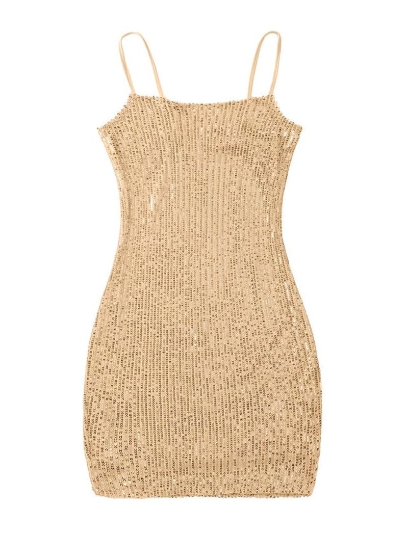 EXARUS Girls Sparkly Dress Teen Homecoming School Dance Party Sequin Spaghetti Strap Special Occasion Tight Bodycon Dress, Champagne, 10 Years - Image 1