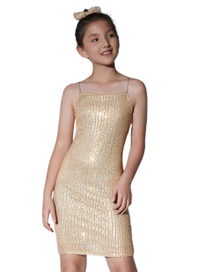 EXARUS Girls Sparkly Dress Teen Homecoming School Dance Party Sequin Spaghetti Strap Special Occasion Tight Bodycon Dress, Champagne, 10 Years - Image 2