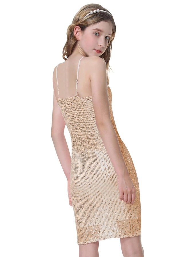EXARUS Girls Sparkly Dress Teen Homecoming School Dance Party Sequin Spaghetti Strap Special Occasion Tight Bodycon Dress, Champagne, 10 Years - Image 5