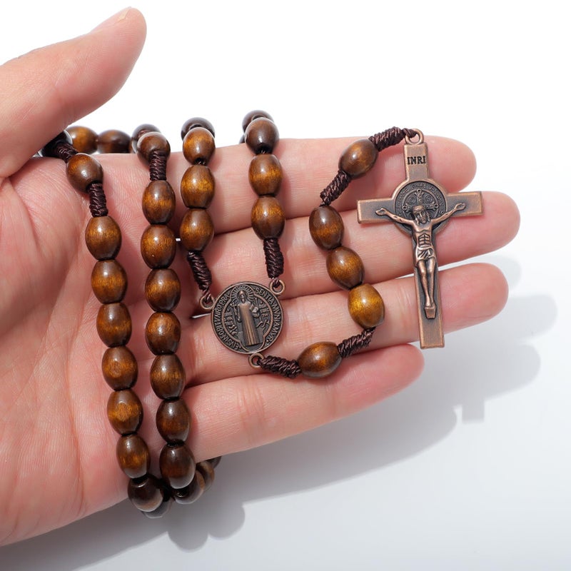 KOMI مسبحة كومي الخشبية اليدوية، قلادة حبات المسبحة الكاثوليكية للصلاة المسيحية، مسبحة سانت بنديكت للرجال والنساء، هدية دينية - Image 3