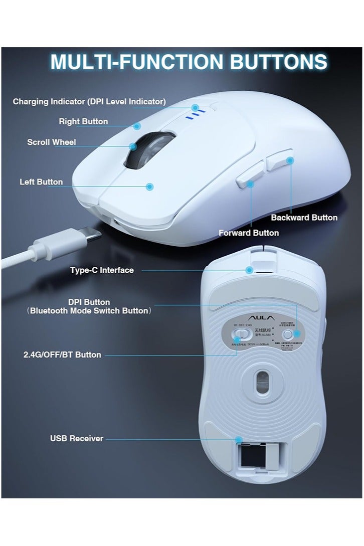 أولا ماوس ألعاب لاسلكي AULA SC580، ماوس ألعاب ثلاثي الوضع 2.4 جيجاهرتز/BT5.0/USB-C، ماوس لاسلكي قابل لإعادة الشحن بدقة 12000 نقطة في البوصة مع 6 أزرار قابلة للبرمجة، ماوس كمبيوتر مريح لأجهزة الكمبيوتر المحمولة/الكمبيوتر الشخصي/ماك/الكمبيوتر اللوحي - Image 3