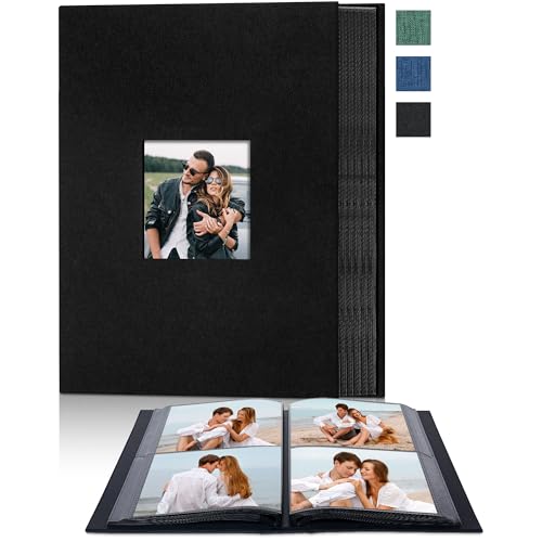 Remowith Cloth Cover Photo Album 4x6 with DIY Square Window Slip in Photo Book for Travel, Wedding, Anniversary 200 Pockets Black - Image 1