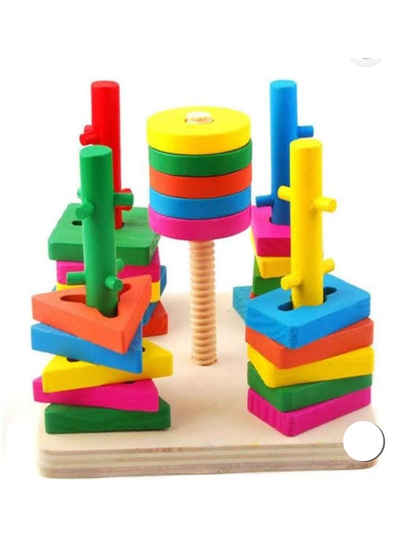 ألعاب خشبية للأطفال مواد تعليمية هندسية 5 أعمدة مطابقة للون والأشكال لعبة خشبية - Image 1