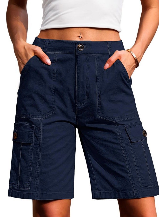 Eddoyee Bermuda Cargo Shorts for Women Casual Long Knee Length High Waisted Stretch Wide Leg Relaxed Fit, B Navy Blue, L - Image 1