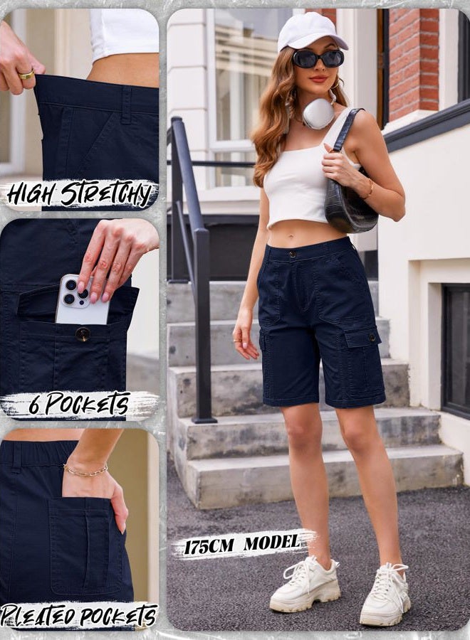 Eddoyee Bermuda Cargo Shorts for Women Casual Long Knee Length High Waisted Stretch Wide Leg Relaxed Fit, B Navy Blue, L - Image 4