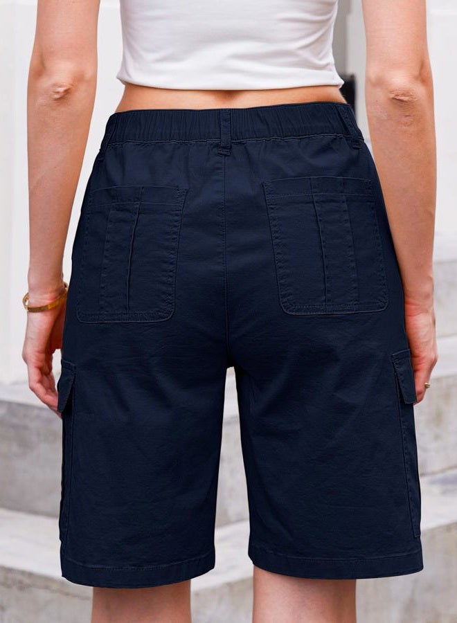 Eddoyee Bermuda Cargo Shorts for Women Casual Long Knee Length High Waisted Stretch Wide Leg Relaxed Fit, B Navy Blue, L - Image 2