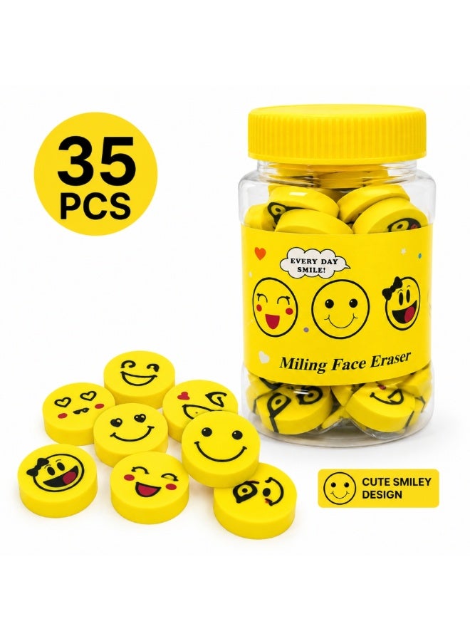 مجموعة ممحاة "الوجه المبتسم" (Smiley Face) للأطفال مكونة من 35 قطعة - ممحاة أقلام بتصاميم "إيموجي" لطيفة ومناسبة للمستلزمات المدرسية - ممحاة مطاطية مرحة برسومات كرتونية للكتابة والرسم وأنشطة الفصل الدراسي - هدايا مبتكرة للحفلات والمكافآت - مستلزمات قرطاسية في عبوة تخزين (متعددة الألوان) - Image 1